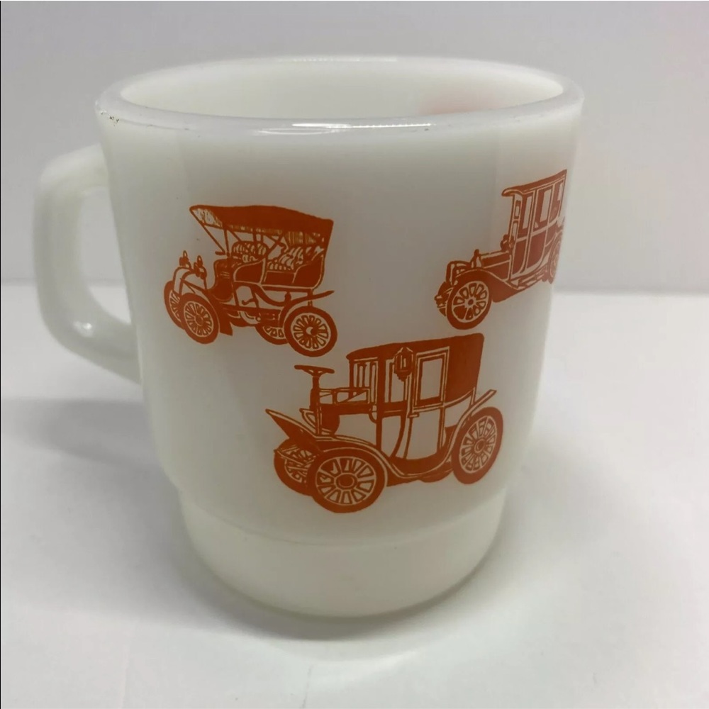 Vintage Fire King Milk Glass Coffee Mug Cup Orange Antique Cars Automobiles